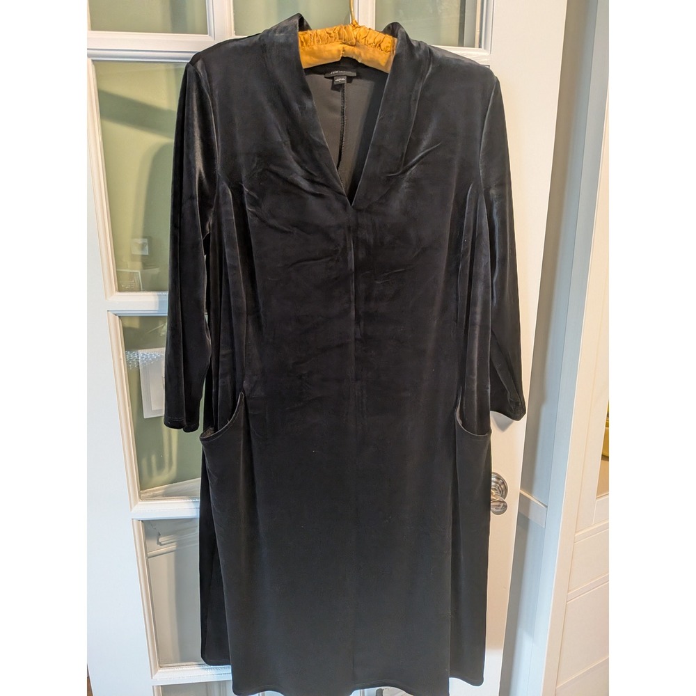 J. Jill Wearever Black Velvet V-Neck Pocket Dress Long Sleeve Large